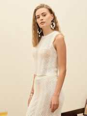 Women Off-White Crochet Round Neck Sleeveless Top-SFTOPS42289