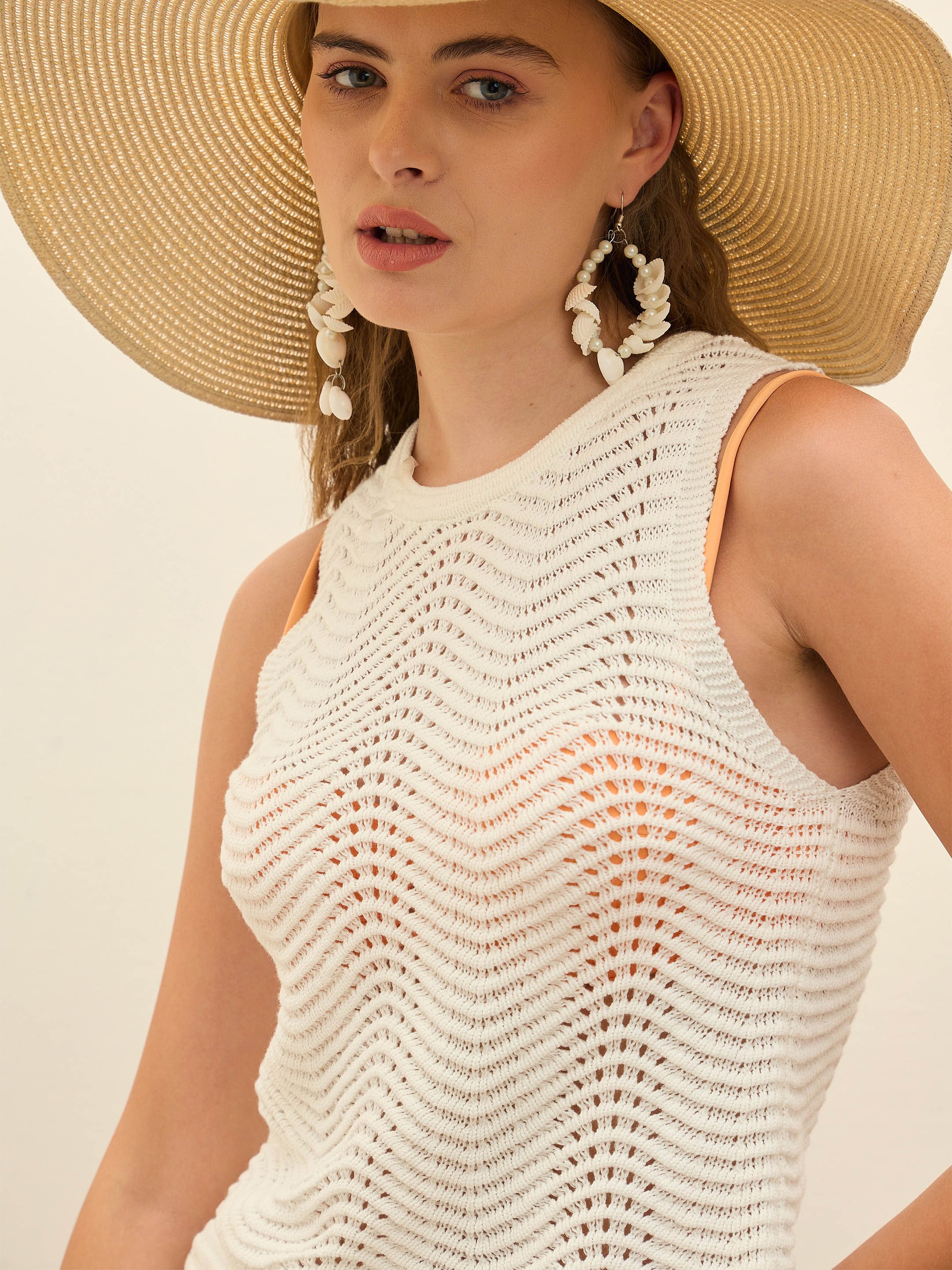 Women Off-White Crochet Round Neck Sleeveless Top-SFTOPS42289