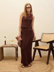 Women Dark Brown Crochet Round Neck Sleeveless Top-SFTOPS42290