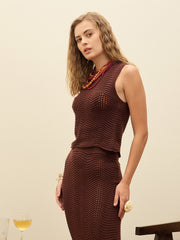 Women Dark Brown Crochet Round Neck Sleeveless Top-SFTOPS42290