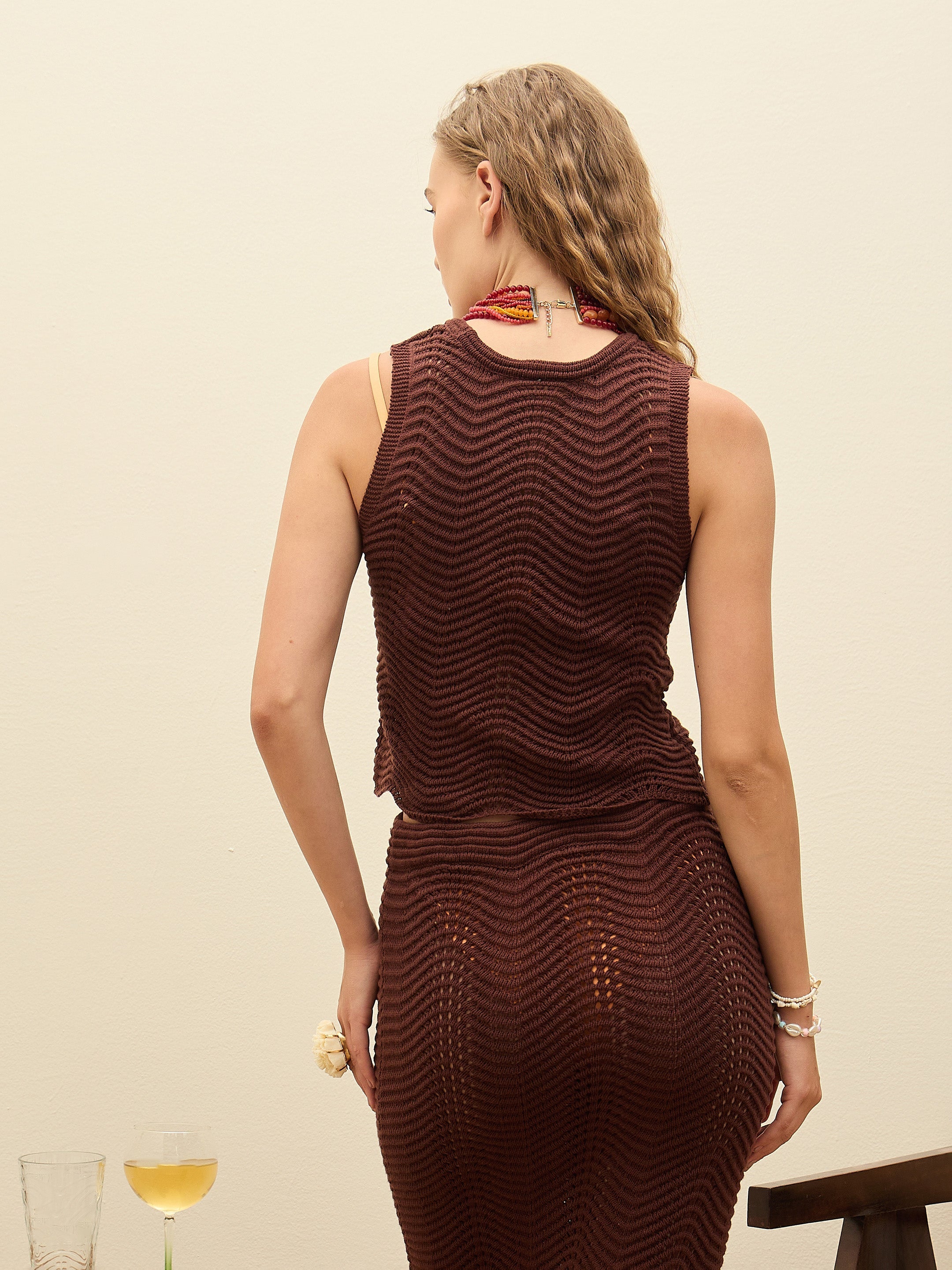 Women Dark Brown Crochet Round Neck Sleeveless Top-SFTOPS42290