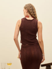Women Dark Brown Crochet Round Neck Sleeveless Top-SFTOPS42290