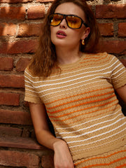 Women Dark Beige & Orange Crochet Stripes Scalloped Top-SFTOPS42291