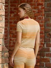 Women Dark Beige & Orange Crochet Stripes Scalloped Top-SFTOPS42291