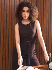 Women Brown Sleeveless Front Zipper Belted Top-SFTOPS42314