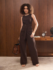 Women Brown Sleeveless Front Zipper Belted Top-SFTOPS42314