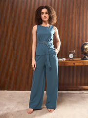 Women Teal Blue Sleeveless Front Zipper Belted Top-SFTOPS42315