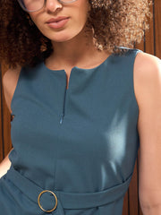 Women Teal Blue Sleeveless Front Zipper Belted Top-SFTOPS42315