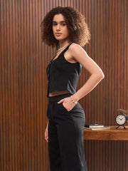 Women Black Sleeveless Button Down Top-SFTOPS42316