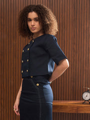Women Navy Twill Double Breast Top-SFTOPS42319
