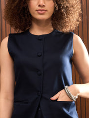 Women Navy Sleeveless Bone Pocket Longline Top-SFTOPS42326