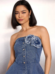 Women Blue Denim Washed Corsage Button Down Top-SFTOPS42345