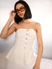 Women White Denim Corsage Button Down Top-SFTOPS42346