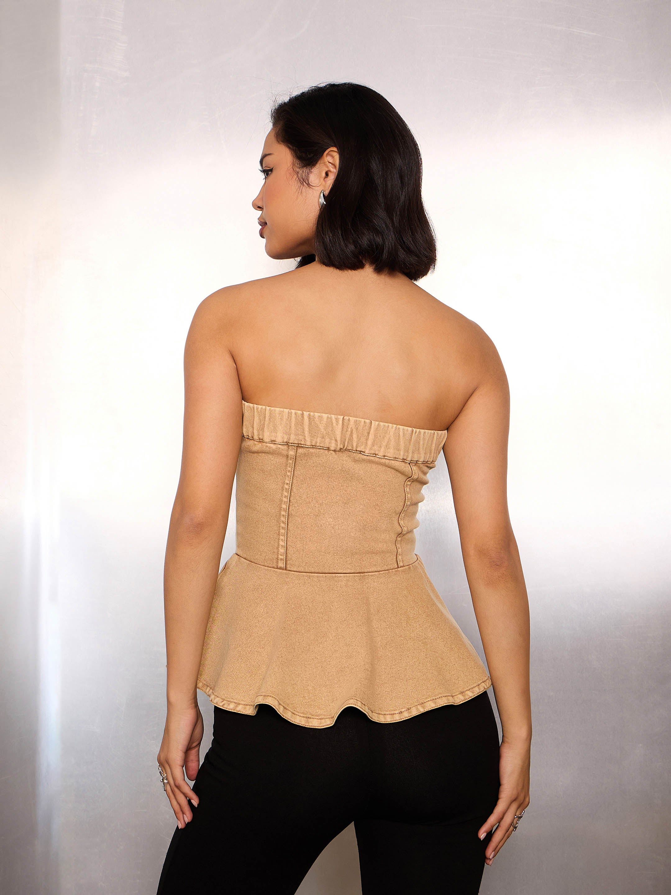 Women Beige Denim Corsage Button Down Top-SFTOPS42347