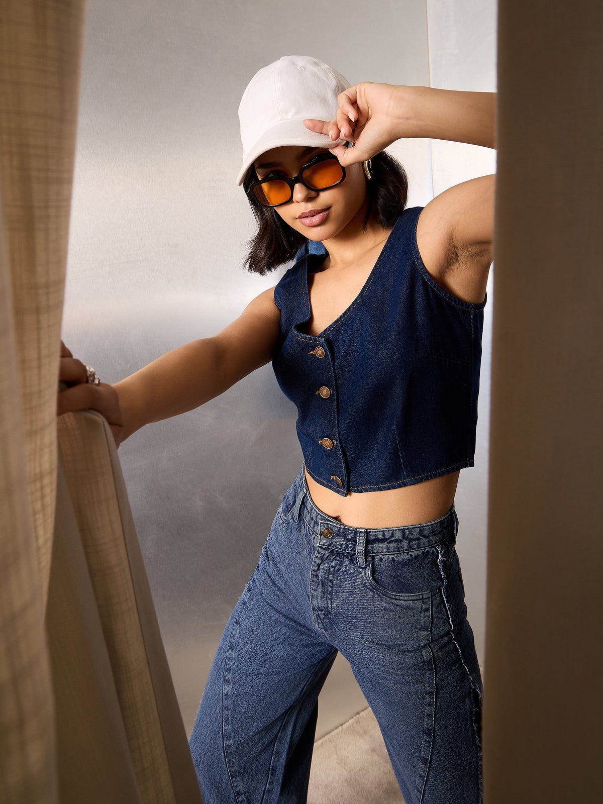 Women Navy Blue Denim Sleeveless Crop Top-SFTOPS42350