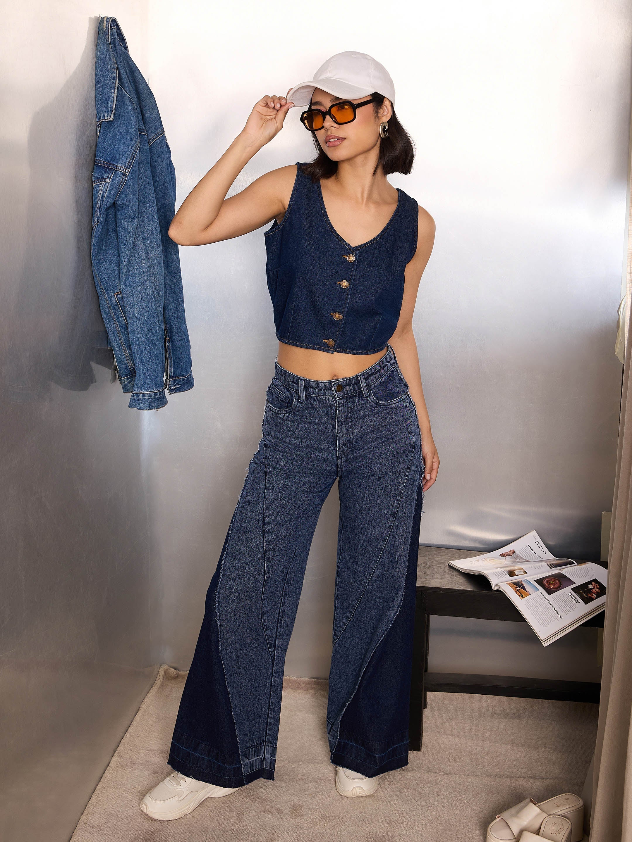 Women Navy Blue Denim Sleeveless Crop Top-SFTOPS42350