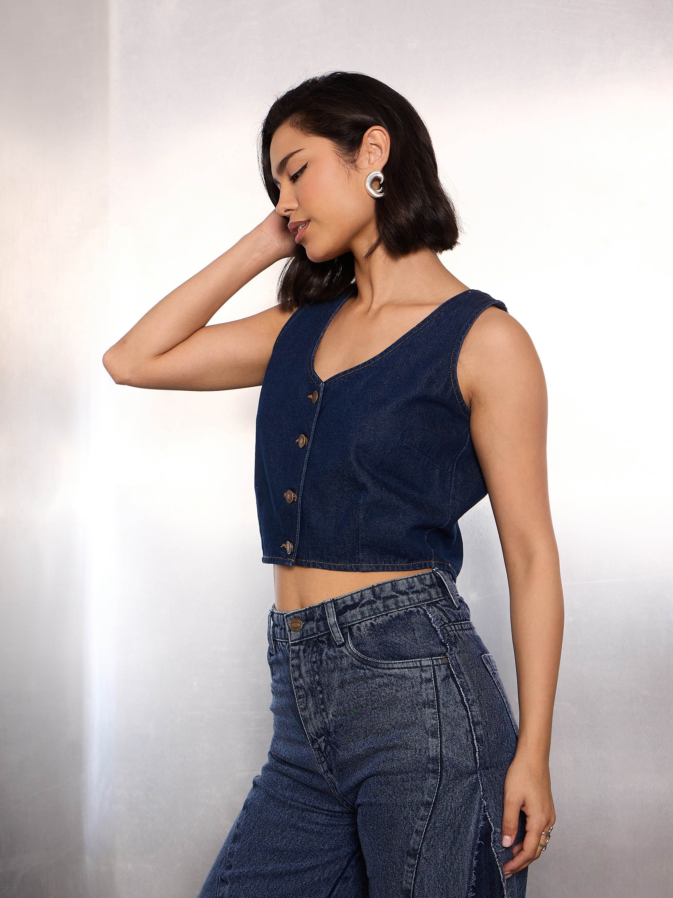 Women Navy Blue Denim Sleeveless Crop Top-SFTOPS42350