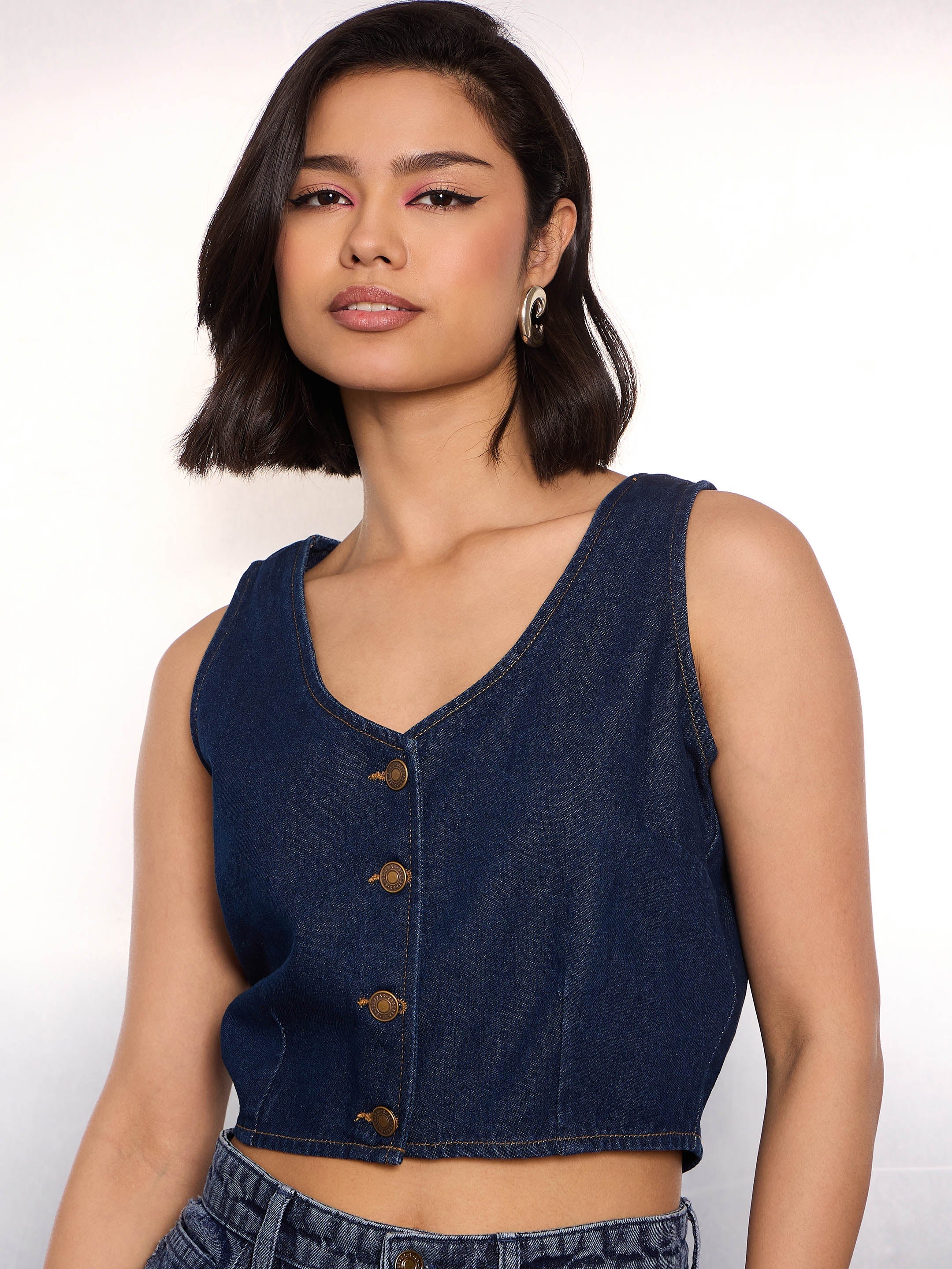 Women Navy Blue Denim Sleeveless Crop Top-SFTOPS42350
