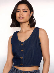 Women Navy Blue Denim Sleeveless Crop Top-SFTOPS42350