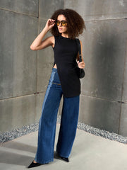 Women Black Rib Sleeveless Side Slit Top-SFTOPS42354