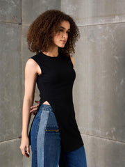 Women Black Rib Sleeveless Side Slit Top-SFTOPS42354