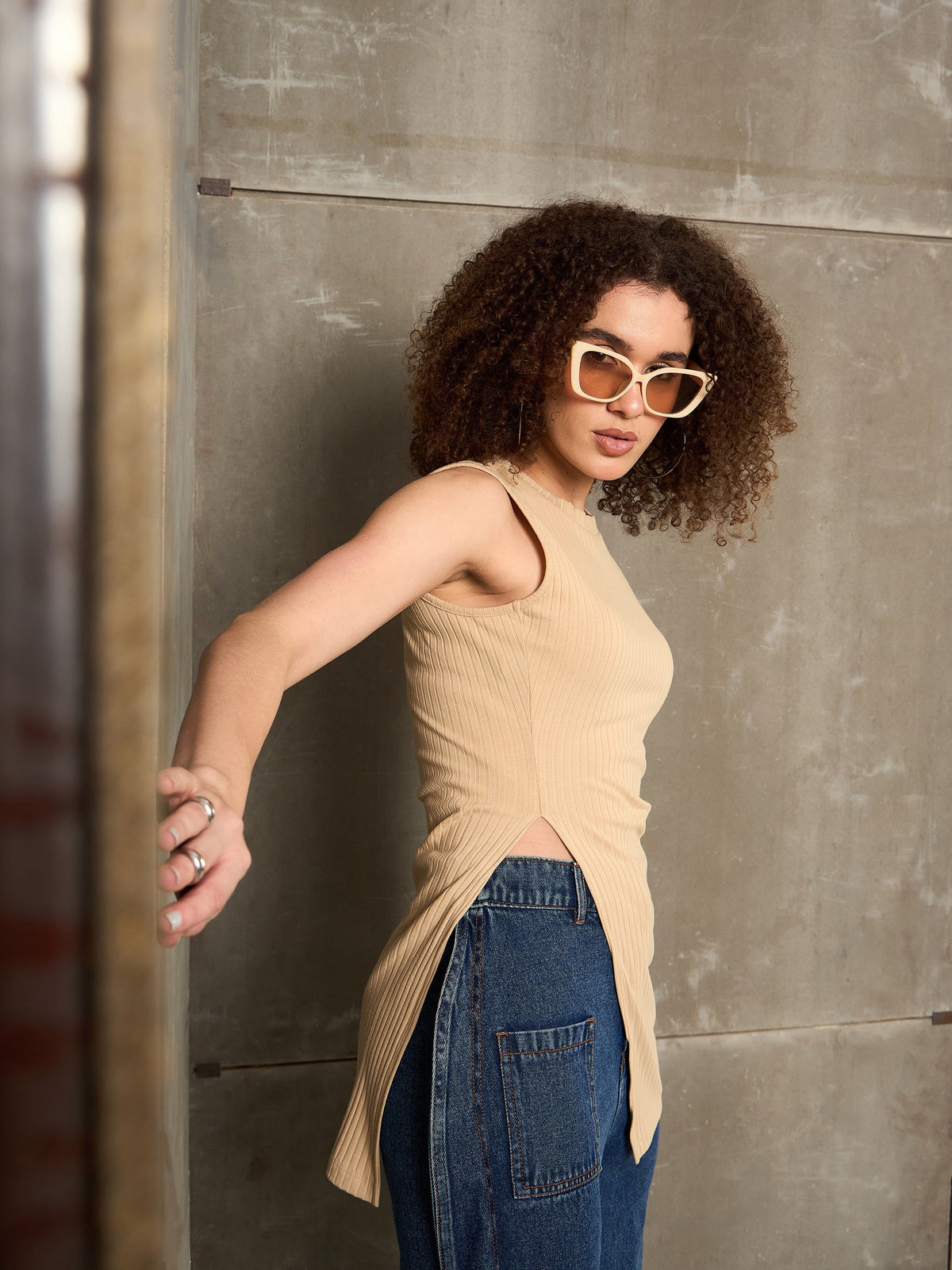 Women Beige Rib Sleeveless Side Slit Top-SFTOPS42355