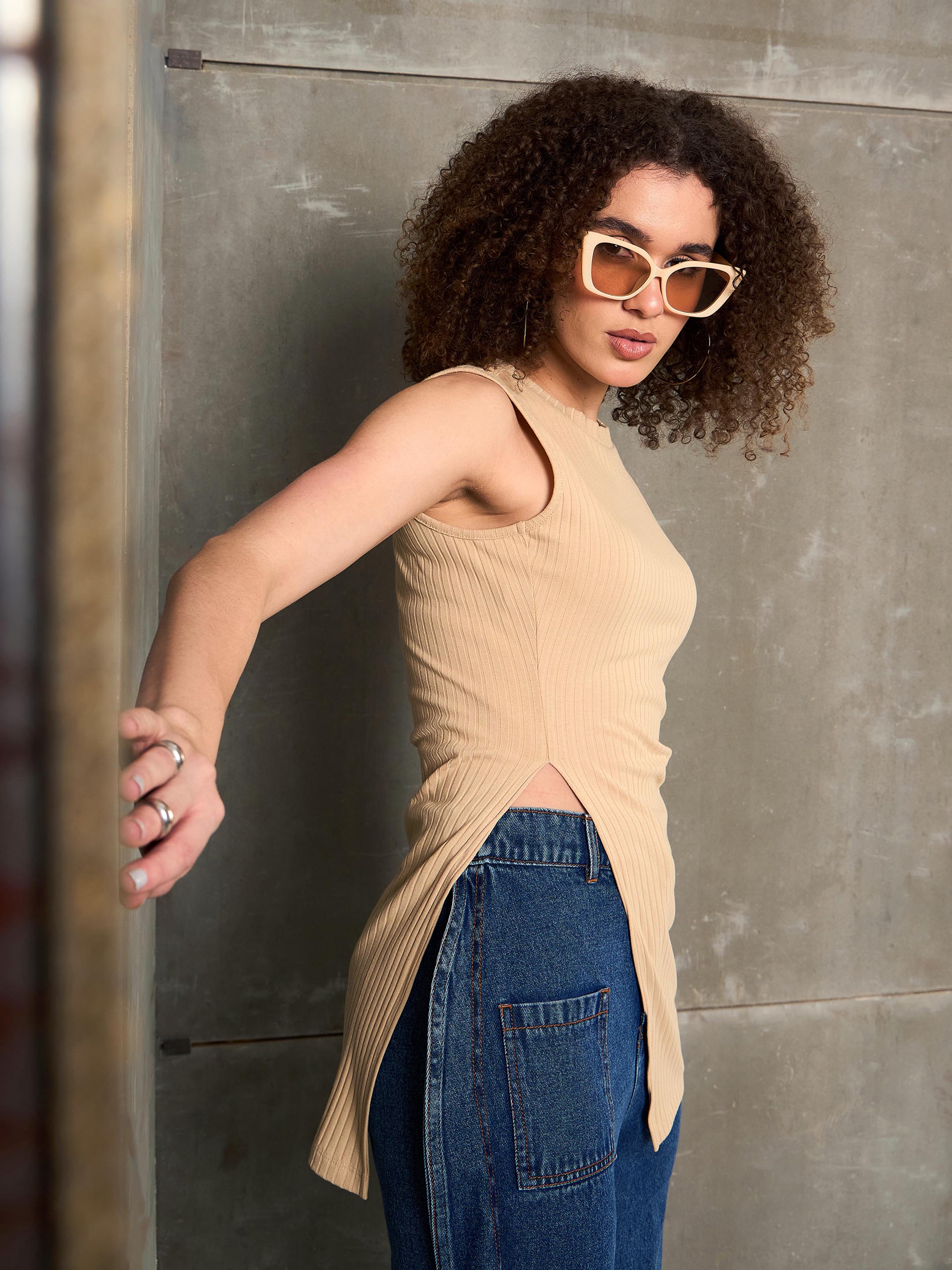 Women Beige Rib Sleeveless Side Slit Top-SFTOPS42355