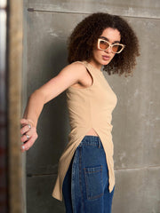 Women Beige Rib Sleeveless Side Slit Top-SFTOPS42355