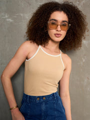 Women Beige Rib Contrast Piping Strappy Top-SFTOPS42357