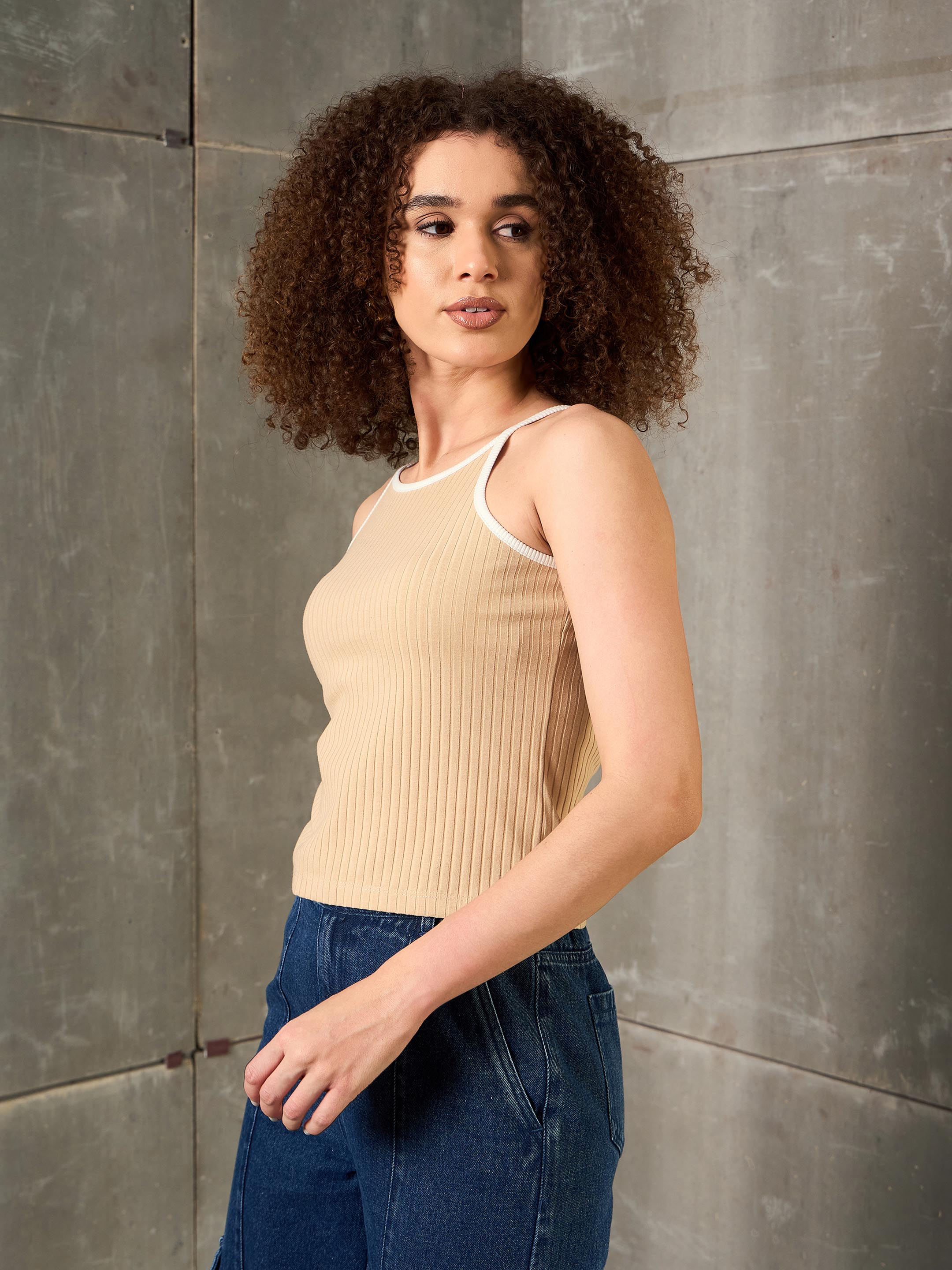 Women Beige Rib Contrast Piping Strappy Top-SFTOPS42357