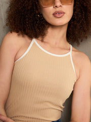 Women Beige Rib Contrast Piping Strappy Top-SFTOPS42357