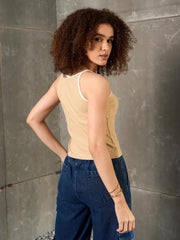 Women Beige Rib Contrast Piping Strappy Top-SFTOPS42357