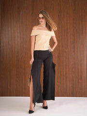 Women Beige Rib Off-Shoulder Top-SFTOPS42358