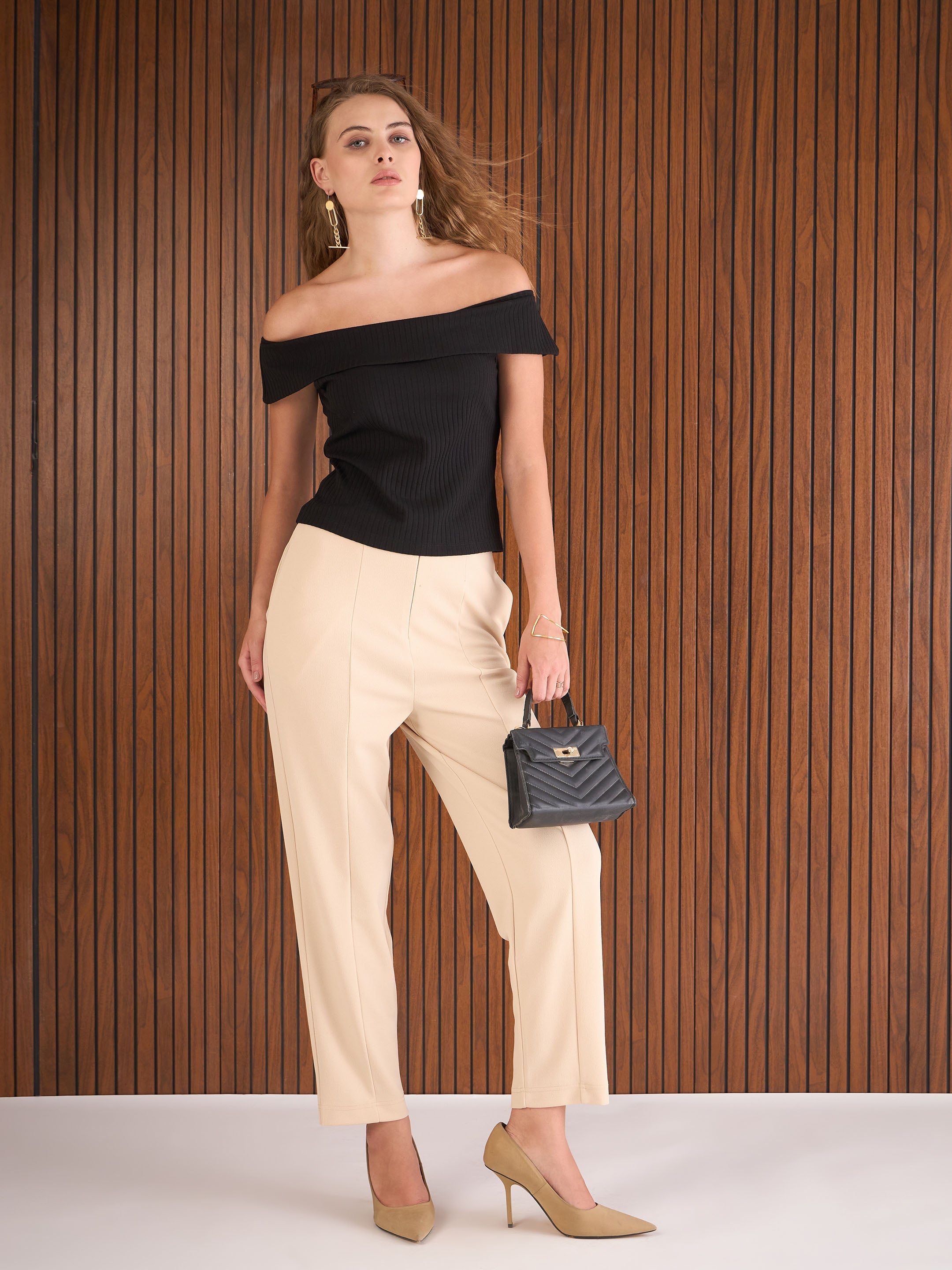 Women Black Rib Off-Shoulder Top-SFTOPS42359