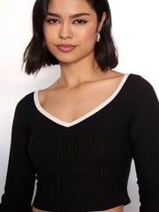 Women Black Rib Sweetheart Piping Neck Crop Top-SFTOPS42360