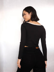 Women Black Rib Sweetheart Piping Neck Crop Top-SFTOPS42360