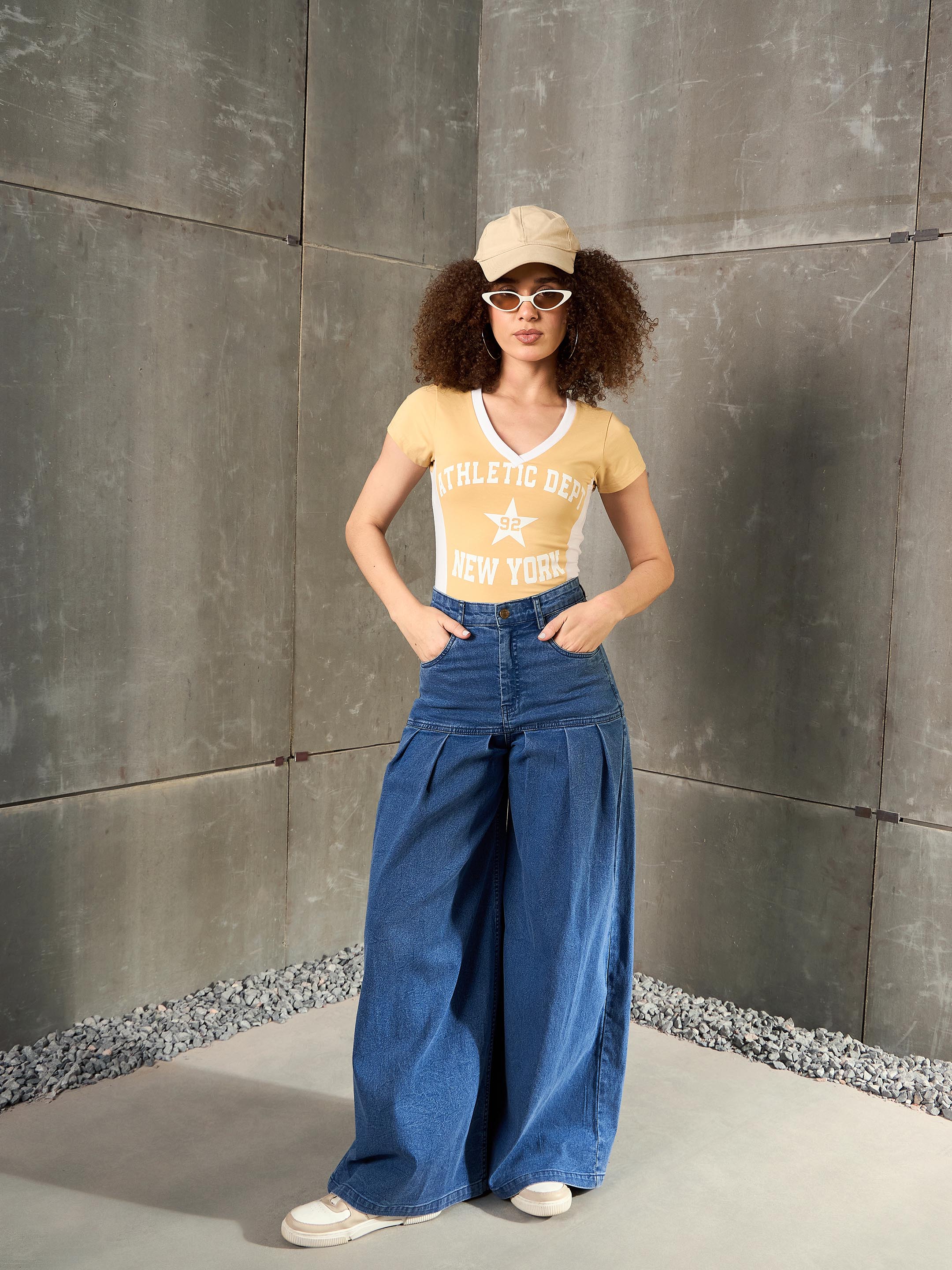 Women Beige & White NEW YORK Fitted T-Shirt-SFTOPS42362