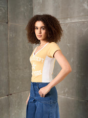 Women Beige & White NEW YORK Fitted T-Shirt-SFTOPS42362