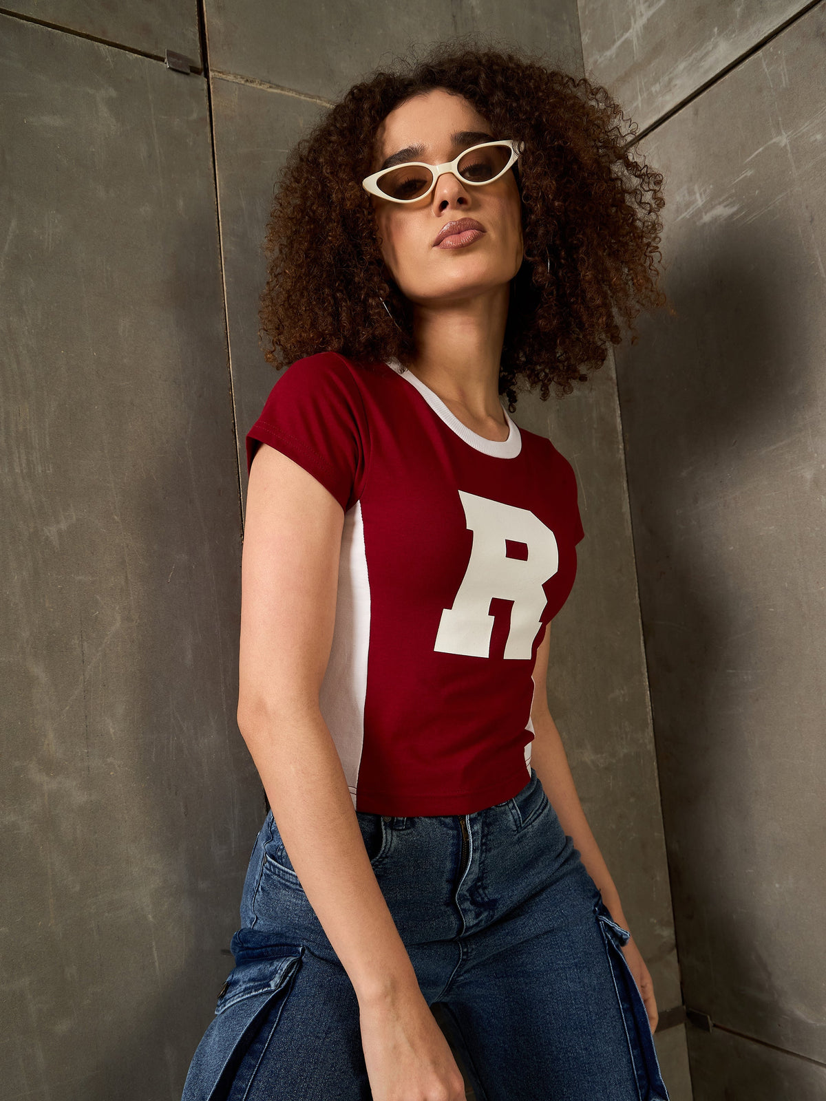 Women Maroon & White R-Print Fitted T-Shirt-SFTOPS42365