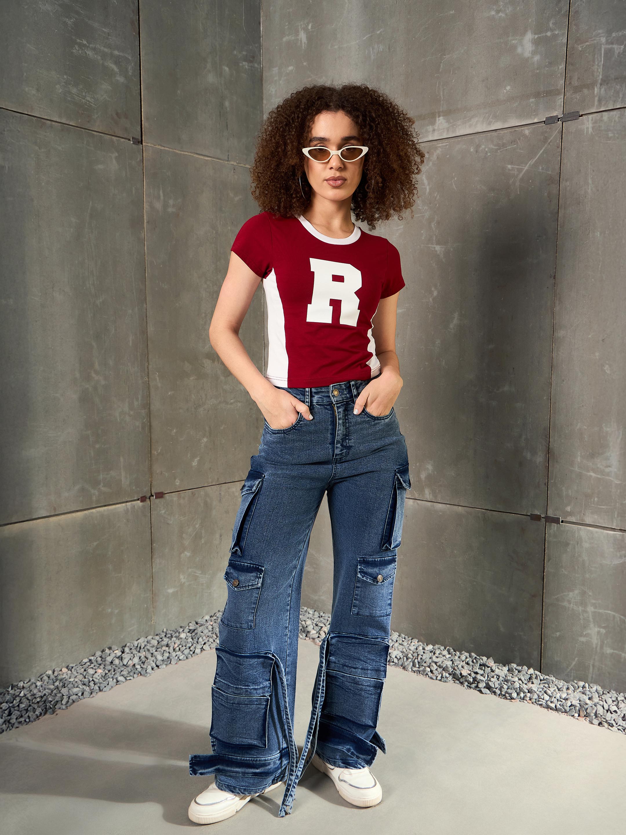 Women Maroon & White R-Print Fitted T-Shirt-SFTOPS42365