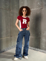 Women Maroon & White R-Print Fitted T-Shirt-SFTOPS42365