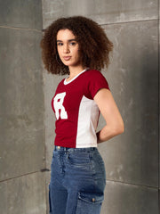 Women Maroon & White R-Print Fitted T-Shirt-SFTOPS42365