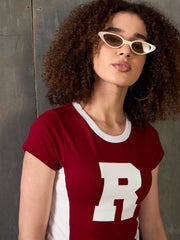Women Maroon & White R-Print Fitted T-Shirt-SFTOPS42365