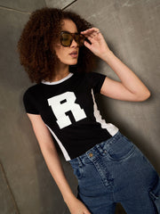 Women Black & White R-Print Fitted T-Shirt-SFTOPS42366