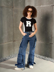 Women Black & White R-Print Fitted T-Shirt-SFTOPS42366