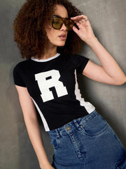 Women Black & White R-Print Fitted T-Shirt-SFTOPS42366