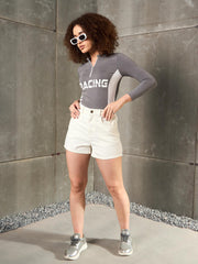 Women Grey & White RACING High Neck Fitted T-Shirt-SFTOPS42369
