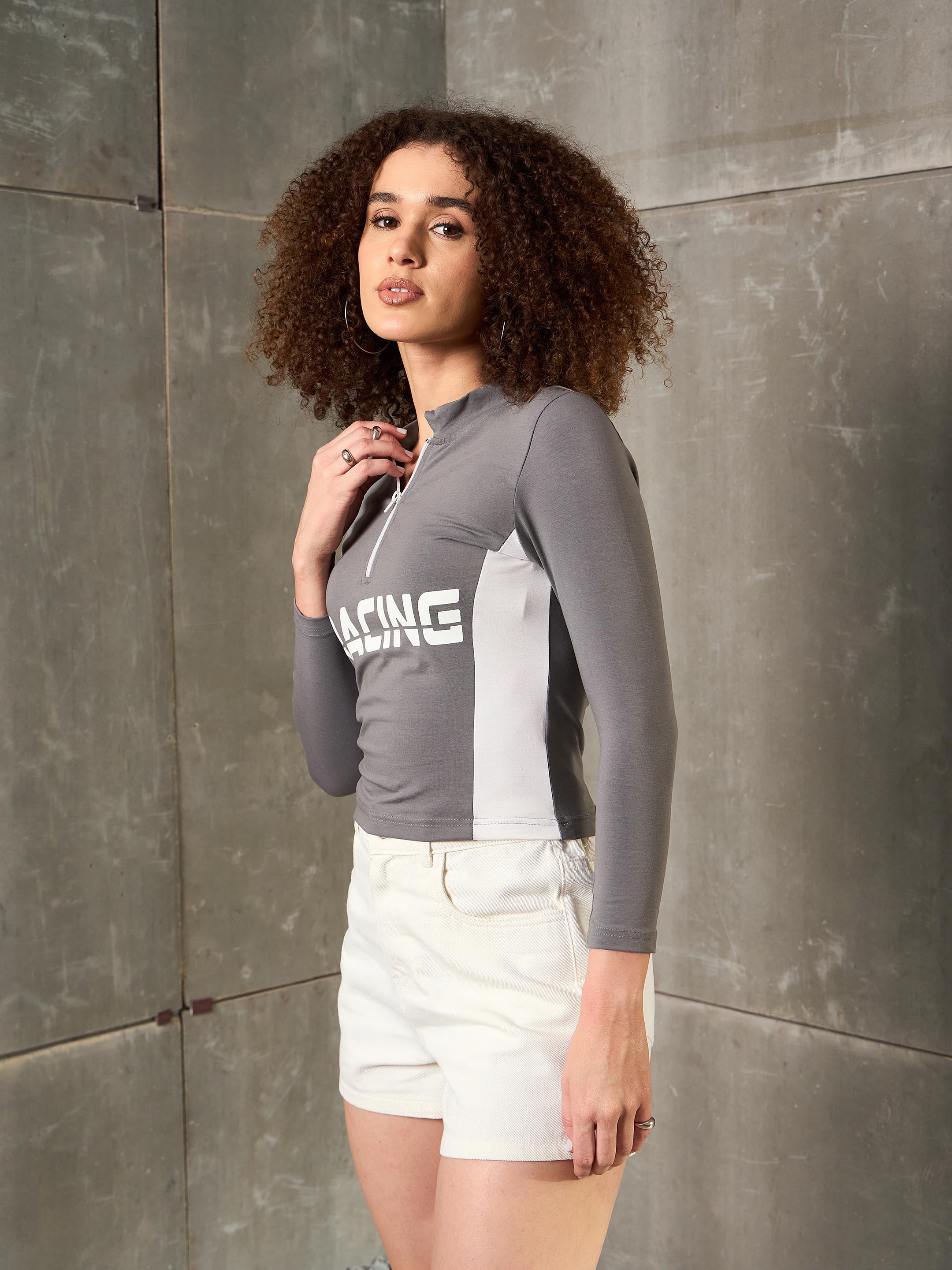 Women Grey & White RACING High Neck Fitted T-Shirt-SFTOPS42369