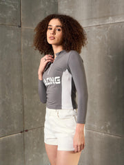 Women Grey & White RACING High Neck Fitted T-Shirt-SFTOPS42369