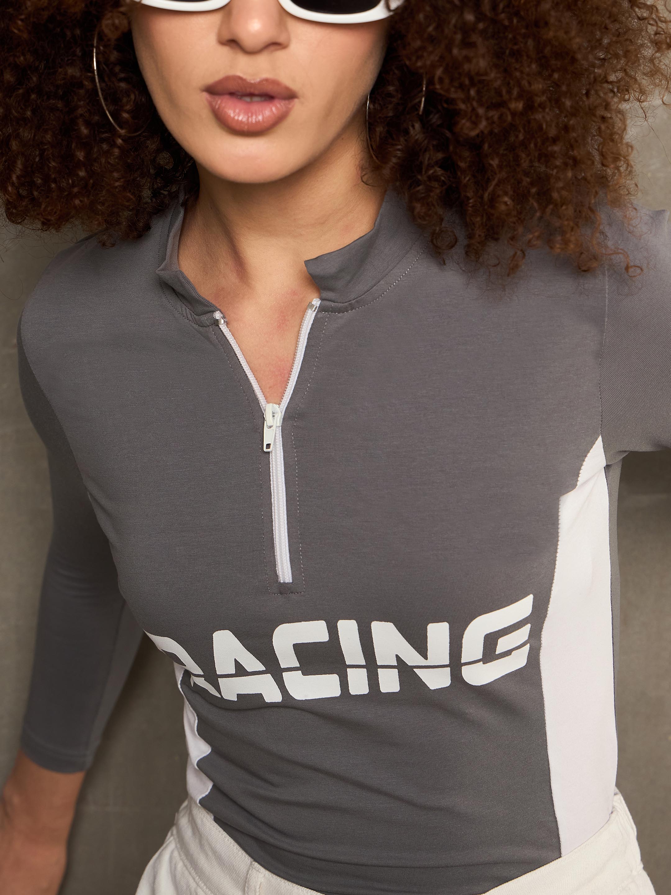 Women Grey & White RACING High Neck Fitted T-Shirt-SFTOPS42369